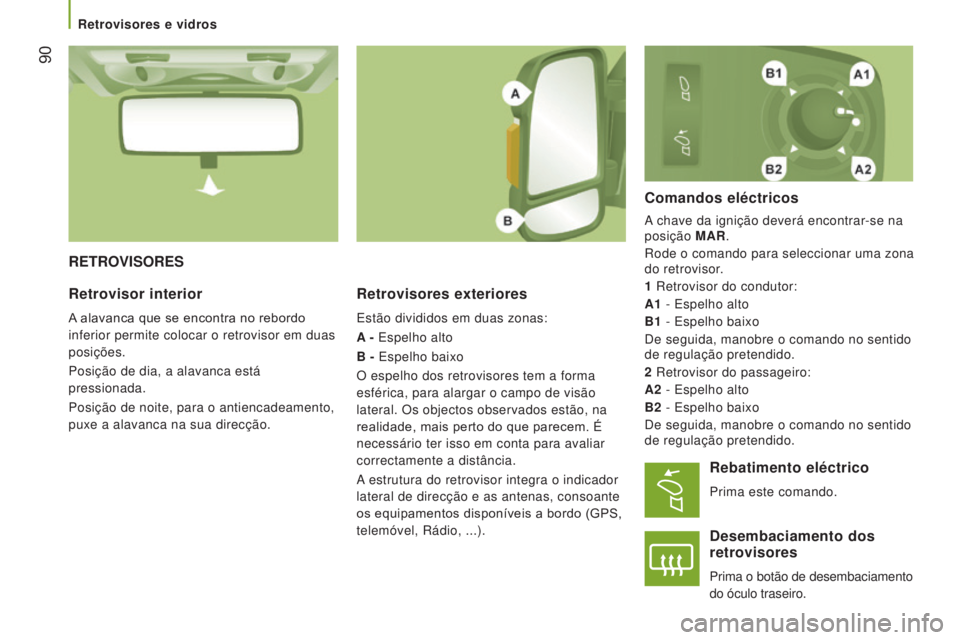 CITROEN JUMPER 2017  Manual do condutor (in Portuguese)  90
Jumper_pt_Chap03_Ergo-et-confort_ed01-2016
RETROVISORESRetrovisores exteriores
Estão divididos em duas zonas:
A - Espelho alto
B - Espelho baixo
O espelho dos retrovisores tem a forma 
esférica,
