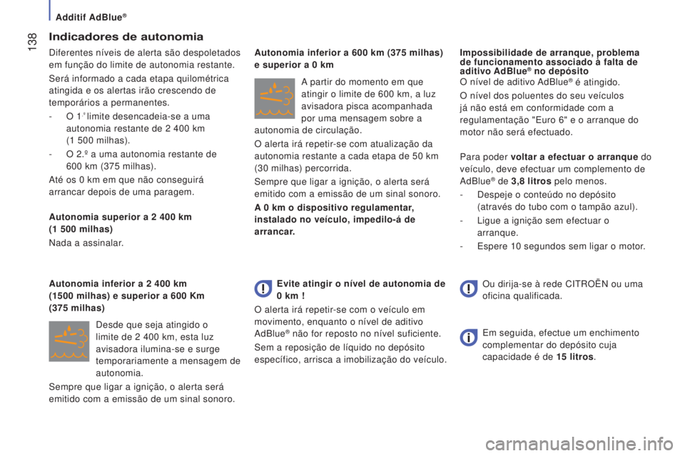 CITROEN JUMPER 2016  Manual do condutor (in Portuguese)  138
jumper_pt_Chap07_Verifications_ed01-2015
Indicadores de autonomia
Diferentes níveis de alerta são despoletados 
em função do limite de autonomia restante.
Será informado a cada etapa quilom�