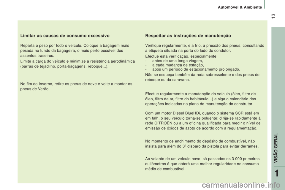 CITROEN JUMPER 2016 Manual do condutor (in Portuguese) 13
jumper_pt_Chap01_vue-ensemble_ed01-2015
Limitar as causas de consumo excessivo
Reparta o peso por todo o veículo. Coloque a bagagem mais
pesada no fundo da bagageira, o mais perto possível dos CITROEN JUMPER 2016 Manual do condutor (in Portuguese) 13
jumper_pt_Chap01_vue-ensemble_ed01-2015
Limitar as causas de consumo excessivo
Reparta o peso por todo o veículo. Coloque a bagagem mais
pesada no fundo da bagageira, o mais perto possível dos