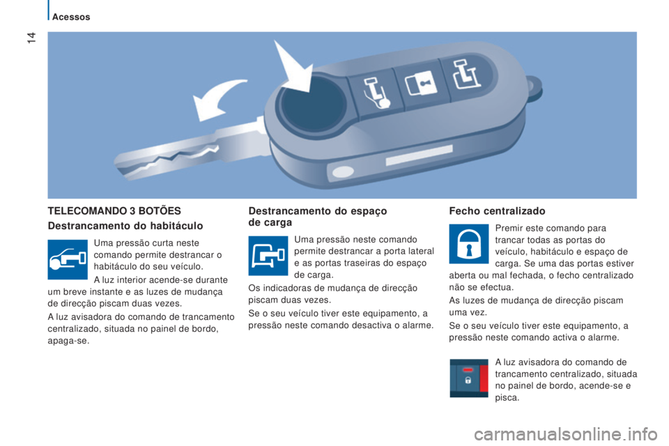 CITROEN JUMPER 2016  Manual do condutor (in Portuguese)  14
jumper_pt_Chap02_Pret-a-Partir_ed01-2015
TELECOMANDO 3 BOTÕES
Destrancamento do habitáculo
Uma pressão curta neste 
comando permite destrancar o 
habitáculo do seu veículo.
A luz interior ace