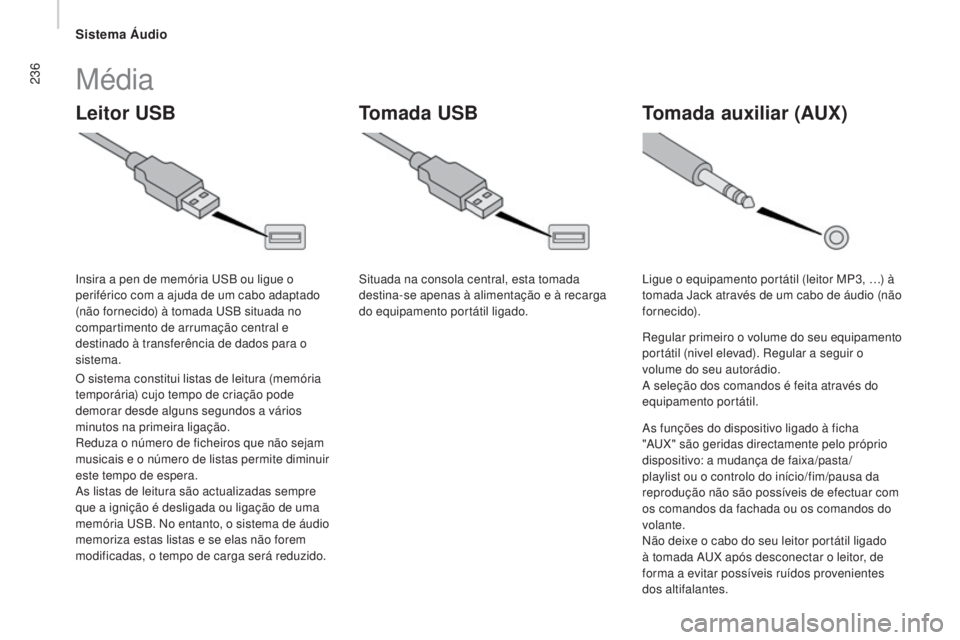 CITROEN JUMPER 2016  Manual do condutor (in Portuguese) 236
jumper_pt_Chap10b_Autoradio-Fiat-4_ed01-2015
Leitor USBTomada auxiliar (AUx)
T omada USB
Média
O sistema constitui listas de leitura (memória 
temporária) cujo tempo de criação pode 
demorar 