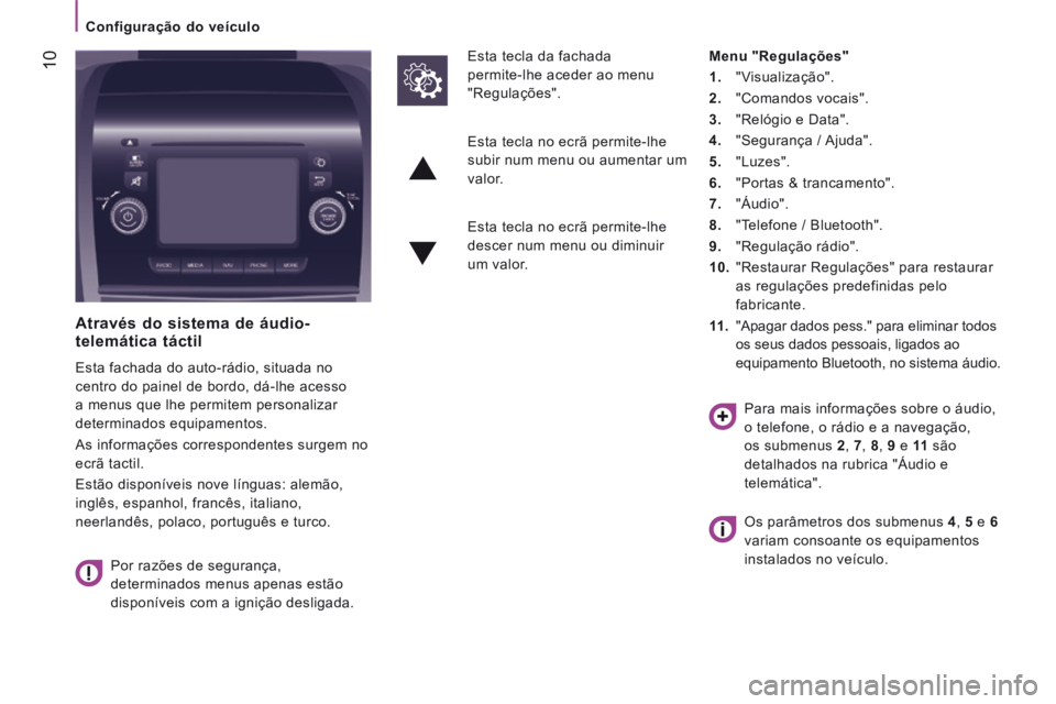 CITROEN JUMPER 2016  Manual do condutor (in Portuguese)    Configuração  do  veículo   
 10
Jumper-post-it_pt_Chap04_Technologie-a-bord_ed01-2015
        Através  do  sistema  de  áudio-telemática táctil 
 Esta fachada do auto-rádio, situada no 
ce