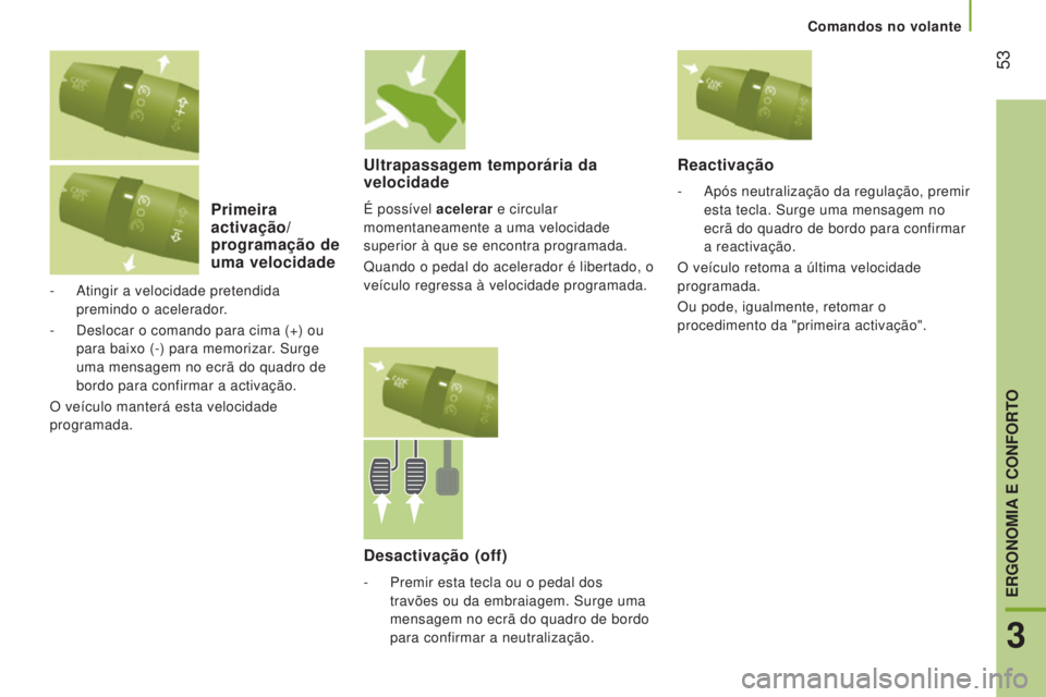 CITROEN JUMPER 2016 Manual do condutor (in Portuguese) 53
jumper_pt_Chap03_Ergo-et-confort_ed01-2015
Primeira
activação/
programação de
uma velocidade
- Atingir a velocidade pretendida
premindo o acelerador.
-
Deslocar o comando para cima (+) ou CITROEN JUMPER 2016 Manual do condutor (in Portuguese) 53
jumper_pt_Chap03_Ergo-et-confort_ed01-2015
Primeira
activação/
programação de
uma velocidade
- Atingir a velocidade pretendida
premindo o acelerador.
-
Deslocar o comando para cima (+) ou