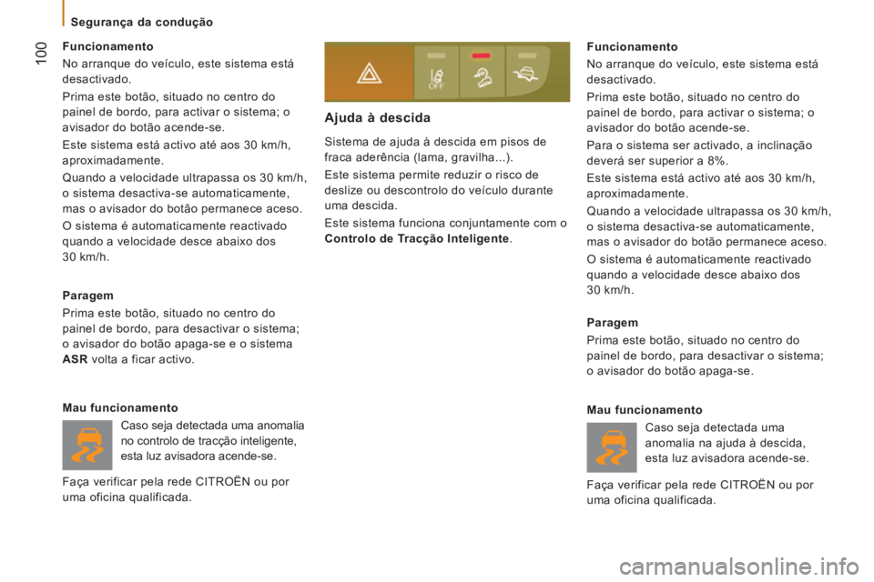 CITROEN JUMPER 2015  Manual do condutor (in Portuguese)  100
   Segurança  da  condução   
JUMPER-PAPIER_PT_CHAP05_SECURITE_ED01-2014
 Sistema de ajuda à descida em pisos de 
fraca aderência (lama, gravilha...). 
 Este sistema permite reduzir o risco 