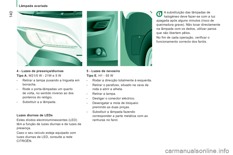 CITROEN JUMPER 2015 Manual do condutor (in Portuguese) Lâmpada avariada
140
JUMPER-PAPIER_PT_CHAP08_AIDE RAPIDE_ED01-2014
A substituição das lâmpadas de
halogéneo deve fazer-se com a luz
apagada após alguns minutos (risco de
queimadura CITROEN JUMPER 2015 Manual do condutor (in Portuguese) Lâmpada avariada
140
JUMPER-PAPIER_PT_CHAP08_AIDE RAPIDE_ED01-2014
A substituição das lâmpadas de
halogéneo deve fazer-se com a luz
apagada após alguns minutos (risco de
queimadura