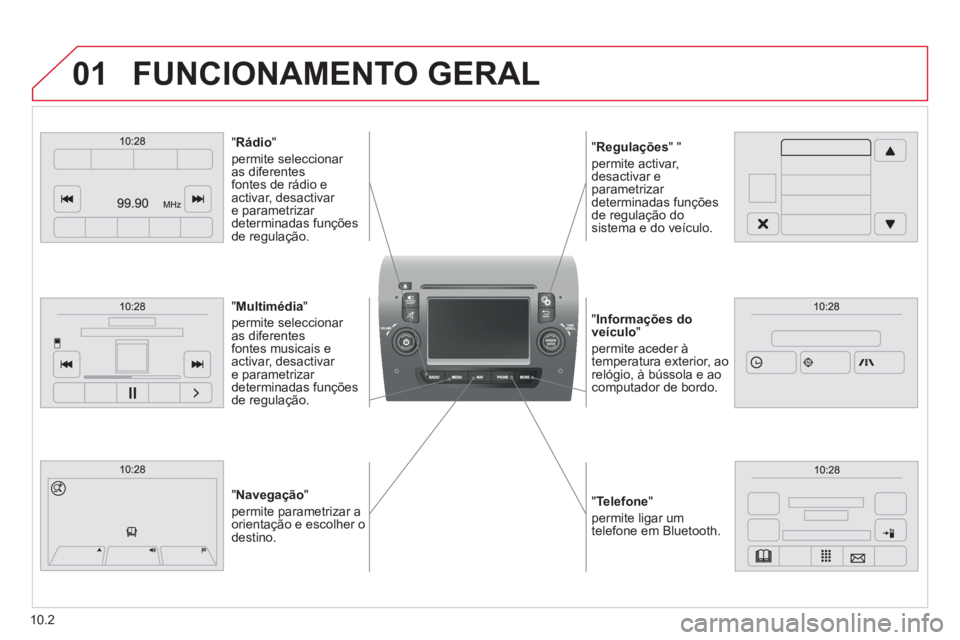 CITROEN JUMPER 2015  Manual do condutor (in Portuguese) 01
  " Telefone "  
permite ligar um telefone  em  Bluetooth.   
  "Informações do veículo"  
permite aceder à temperatura exterior, ao relógio, à bússola e ao computador de bordo.  
  "Regula