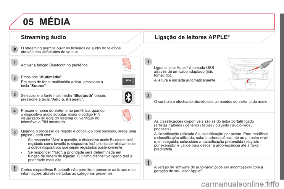 CITROEN JUMPER 2015  Manual do condutor (in Portuguese) 05
10.19
JUMPER-PAPIER_PT_CHAP10A_AUTORADIO_FIAT-TACTILE-1_ED01-2014
      Streaming  áudio 
  O streaming permite ouvir os ﬁ cheiros de áudio do telefone através dos altifalantes do veículo.  
