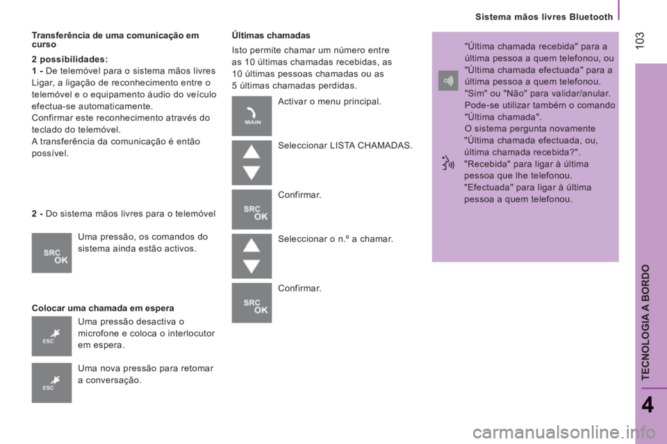 CITROEN JUMPER 2014  Manual do condutor (in Portuguese) 103
Sistema mãos livres Bluetooth
4
TECNOLOGIA A BORDO
   
Transferência de uma comunicação em 
curso 
   
2 possibilidades:  
   
1 -  De telemóvel para o sistema mãos livres 
  Ligar, a ligaç
