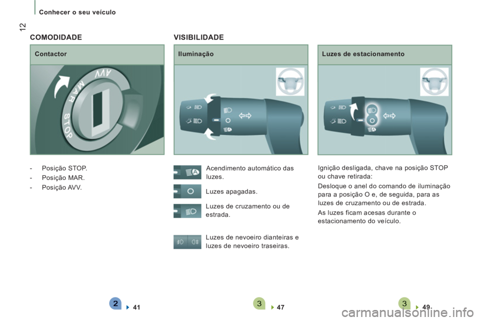 CITROEN JUMPER 2014 Manual do condutor (in Portuguese) 33
12
Conhecer o seu veículo
VISIBILIDADE
Iluminação
Luzes de estacionamento
Luzes de nevoeiro dianteiras e
luzes de nevoeiro traseiras.
47
49
Acendimento CITROEN JUMPER 2014 Manual do condutor (in Portuguese) 33
12
Conhecer o seu veículo
VISIBILIDADE
Iluminação
Luzes de estacionamento
Luzes de nevoeiro dianteiras e
luzes de nevoeiro traseiras.
47
49
Acendimento