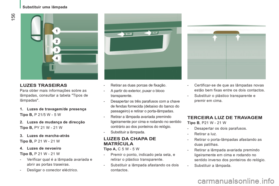 CITROEN JUMPER 2014  Manual do condutor (in Portuguese) 156
   
 
Substituir uma lâmpada  
 
 
LUZES TRASEIRAS
 
Para obter mais informações sobre as 
lâmpadas, consultar a tabela "Tipos de 
lâmpadas".    
-   Retirar as duas porcas de ﬁ xação. 
 