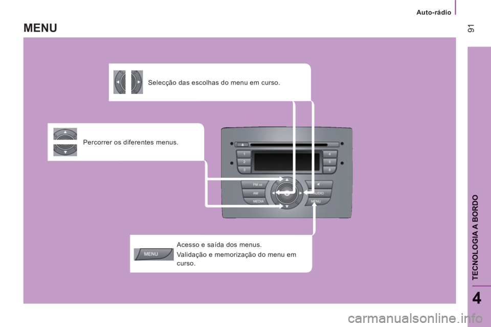 CITROEN JUMPER 2014 Manual do condutor (in Portuguese)
Auto-rádio
91
4
TECNOLOGIA A BORDO
Acesso e saída dos menus.
Validação e memorização do menu em
curso.
Percorrer os diferentes menus.
Selecção das escolhas do men CITROEN JUMPER 2014 Manual do condutor (in Portuguese)
Auto-rádio
91
4
TECNOLOGIA A BORDO
Acesso e saída dos menus.
Validação e memorização do menu em
curso.
Percorrer os diferentes menus.
Selecção das escolhas do men