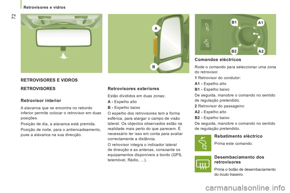 CITROEN JUMPER 2012 Manual do condutor (in Portuguese)
Retrovisores e vidros
72
RETROVISORES E VIDROS
RETROVISORES
Retrovisores exteriores
Estão divididos em duas zonas:
A -
Espelho alto
B -
Espelho baixo
O espelho dos r CITROEN JUMPER 2012 Manual do condutor (in Portuguese)
Retrovisores e vidros
72
RETROVISORES E VIDROS
RETROVISORES
Retrovisores exteriores
Estão divididos em duas zonas:
A -
Espelho alto
B -
Espelho baixo
O espelho dos r