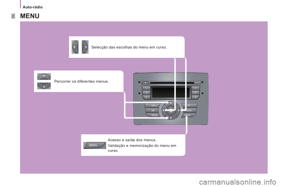 CITROEN JUMPER 2012  Manual do condutor (in Portuguese)    
 
Auto-rádio  
 
86
 
 
Acesso e saída dos menus. 
  Validação e memorização do menu em 
curso.  
     
Percorrer os diferentes menus.      
 
Selecção das escolhas do menu em curso.  
 
M