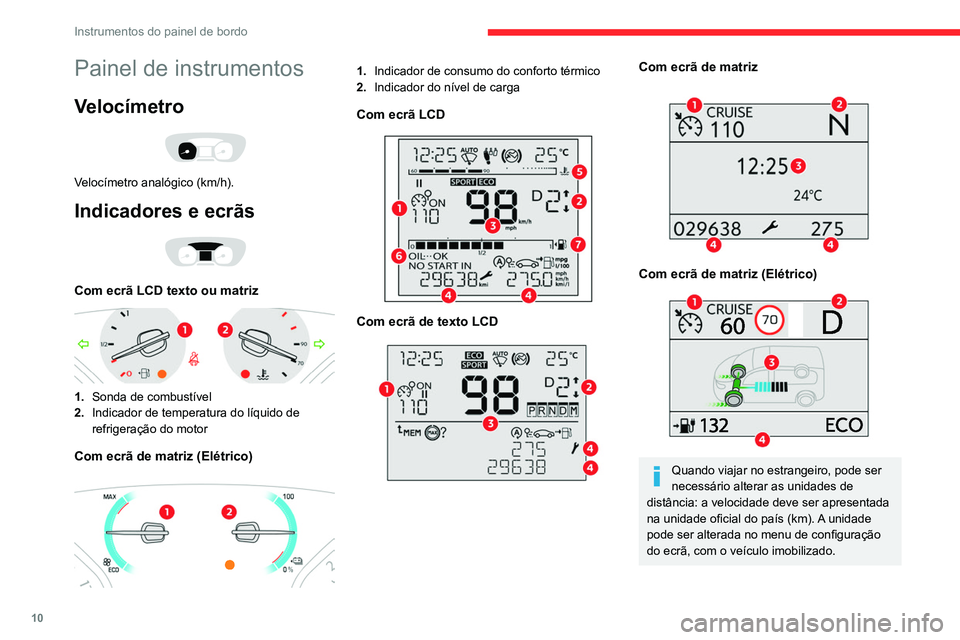 CITROEN JUMPER SPACETOURER 2021 Manual do condutor (in Portuguese) 10
Instrumentos do painel de bordo
Painel de instrumentos
Velocímetro
Velocímetro analógico (km/h).
Indicadores e ecrãs
Com ecrã LCD texto ou matriz
1.Sonda de combustível
2. Indicador CITROEN JUMPER SPACETOURER 2021 Manual do condutor (in Portuguese) 10
Instrumentos do painel de bordo
Painel de instrumentos
Velocímetro
Velocímetro analógico (km/h).
Indicadores e ecrãs
Com ecrã LCD texto ou matriz
1.Sonda de combustível
2. Indicador