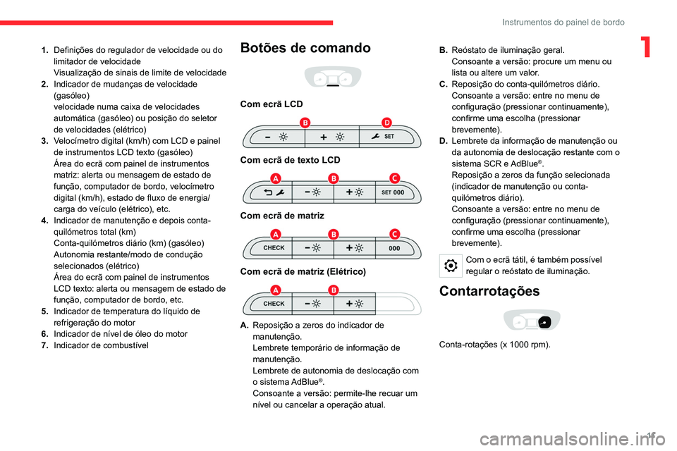 CITROEN JUMPER SPACETOURER 2021  Manual do condutor (in Portuguese) 11
Instrumentos do painel de bordo
11.Definições do regulador de velocidade ou do 
limitador de velocidade
Visualização de sinais de limite de velocidade
2. Indicador de mudanças de velocidade 
(