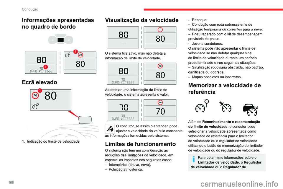 CITROEN JUMPER SPACETOURER 2021  Manual do condutor (in Portuguese) 166
Condução
Informações apresentadas 
no quadro de bordo
 
 
 
 
Ecrã elevado
1. Indicação do limite de velocidade
Visualização da velocidade 
 
O sistema fica ativo, mas não deteta a 
info