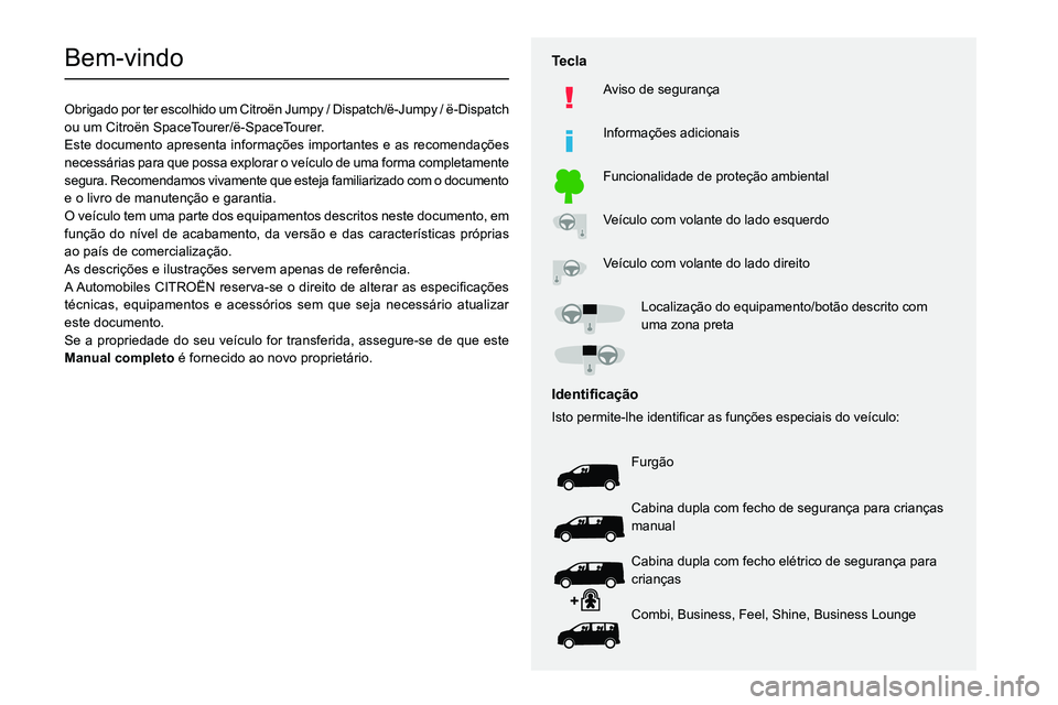 CITROEN JUMPER SPACETOURER 2021 Manual do condutor (in Portuguese)
Bem-vindo
Obrigado por ter escolhido um Citro CITROEN JUMPER SPACETOURER 2021 Manual do condutor (in Portuguese)
Bem-vindo
Obrigado por ter escolhido um Citro