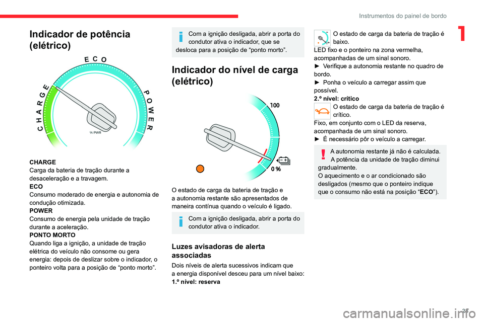 CITROEN JUMPER SPACETOURER 2021  Manual do condutor (in Portuguese) 23
Instrumentos do painel de bordo
1Indicador de potência 
(elétrico)
 
 
CHARGE
Carga da bateria de tração durante a 
desaceleração e a travagem.
ECO
Consumo moderado de energia e autonomia de 