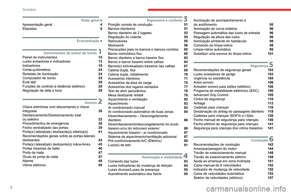 CITROEN JUMPER SPACETOURER 2021  Manual do condutor (in Portuguese) 2
Sumário
  ■
Visão geralApresentação geral  4
Etiquetas  6
  ■
Ecocondução
 1Instrumentos do painel de bordoPainel de instrumentos  10
Luzes avisadoras e indicadoras  12
Indicadores  18