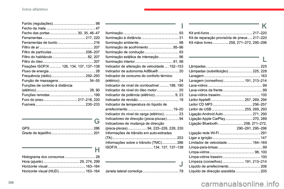 CITROEN JUMPER SPACETOURER 2021  Manual do condutor (in Portuguese) 306
Índice alfabético
Faróis (regulações)     98
Fecho da mala     
47
Fecho das portas
   
30, 35, 46–47
Ferramentas
    
217, 220
Ferramentas de bordo
    
216
Filtro de ar
    
207
Filtro de