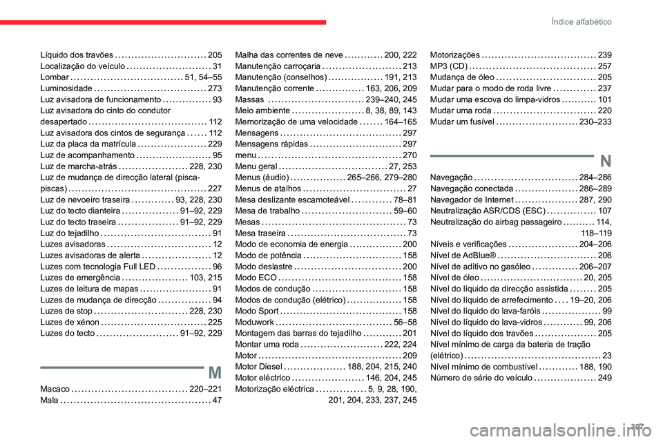 CITROEN JUMPER SPACETOURER 2021  Manual do condutor (in Portuguese) 307
Índice alfabético
Líquido dos travões     205
Localização do veículo     
31
Lombar
    
51, 54–55
Luminosidade
    
273
Luz avisadora de funcionamento
    
93
Luz avisadora do cinto do c