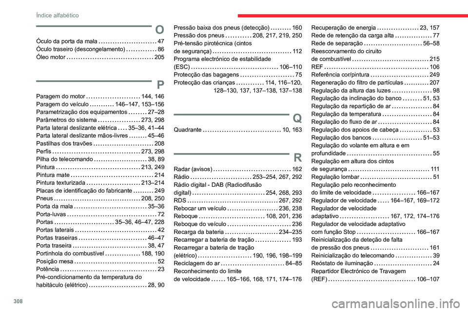 CITROEN JUMPER SPACETOURER 2021  Manual do condutor (in Portuguese) 308
Índice alfabético
O
Óculo da porta da mala     47
Óculo traseiro (descongelamento)     
86
Óleo motor
    
205
P
Paragem do motor     144, 146
Paragem do veículo     
146–147, 153–156
Pa