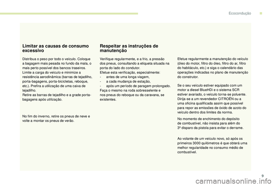 CITROEN JUMPER SPACETOURER 2018 Manual do condutor (in Portuguese) 9
Limitar as causas de consumo
excessivo
Distribua o peso por todo o veículo. Coloque
a bagagem mais pesada no fundo da mala, o
mais perto possível dos bancos traseiros.
Limite a carga do veícul CITROEN JUMPER SPACETOURER 2018 Manual do condutor (in Portuguese) 9
Limitar as causas de consumo
excessivo
Distribua o peso por todo o veículo. Coloque
a bagagem mais pesada no fundo da mala, o
mais perto possível dos bancos traseiros.
Limite a carga do veícul