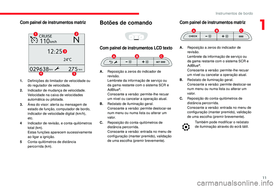 CITROEN JUMPER SPACETOURER 2018  Manual do condutor (in Portuguese) 11
Com painel de instrumentos matriz
1.Definições do limitador de velocidade ou 
do regulador de velocidade.
2. Indicador de mudança de velocidade.
Velocidade na caixa de velocidades 
automática o