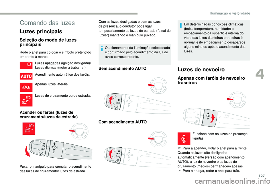 CITROEN JUMPER SPACETOURER 2018 Manual do condutor (in Portuguese) 127
Comando das luzes
Luzes principais
Seleção do modo de luzes
principais
Rode o anel para colocar o símbolo pretendido
em frente à marca.Acendimento automático dos faróis.
Apenas luzes later CITROEN JUMPER SPACETOURER 2018 Manual do condutor (in Portuguese) 127
Comando das luzes
Luzes principais
Seleção do modo de luzes
principais
Rode o anel para colocar o símbolo pretendido
em frente à marca.Acendimento automático dos faróis.
Apenas luzes later