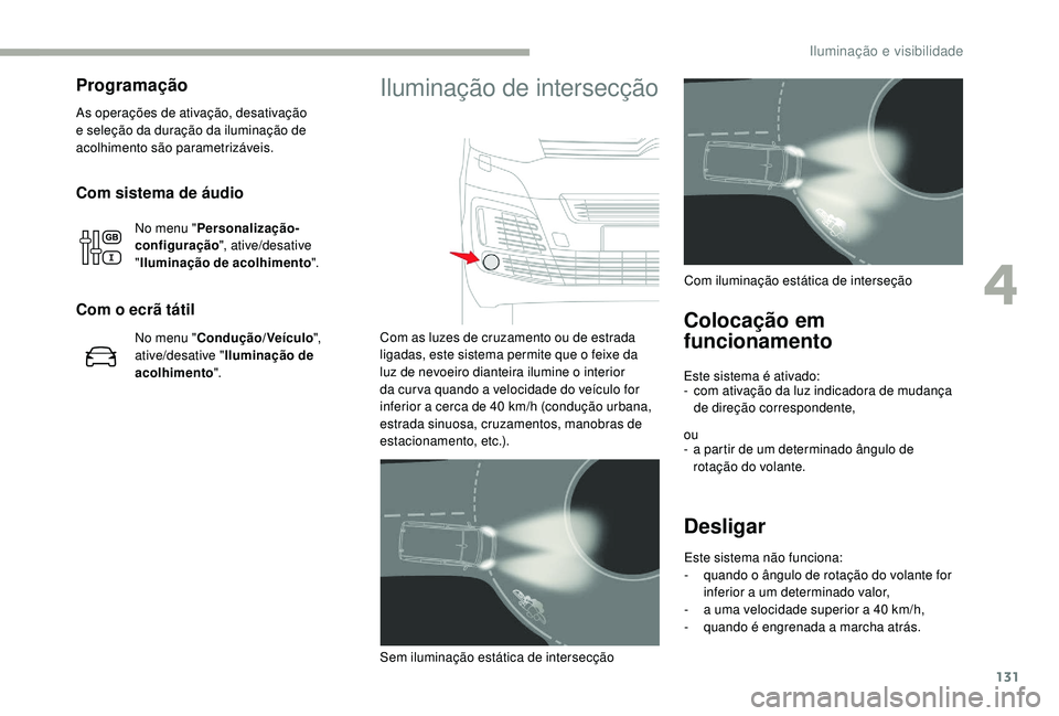 CITROEN JUMPER SPACETOURER 2018  Manual do condutor (in Portuguese) 131
Com sistema de áudio
No menu "Personalização-
configuração ", ative/desative 
" Iluminação de acolhimento ".
Com o ecrã tátil
No menu "Condução/Veículo ", 
ativ