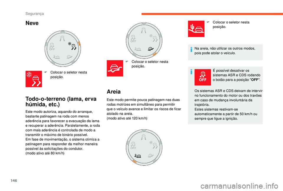 CITROEN JUMPER SPACETOURER 2018 Manual do condutor (in Portuguese) 146
Neve
F Colocar o seletor nesta posição.
Todo-o-terreno (lama, erva
húmida, etc.)
F Colocar o seletor nesta posição.
Este modo autoriza, aquando do arranque,
bastante patinagem na roda com CITROEN JUMPER SPACETOURER 2018 Manual do condutor (in Portuguese) 146
Neve
F Colocar o seletor nesta posição.
Todo-o-terreno (lama, erva
húmida, etc.)
F Colocar o seletor nesta posição.
Este modo autoriza, aquando do arranque,
bastante patinagem na roda com