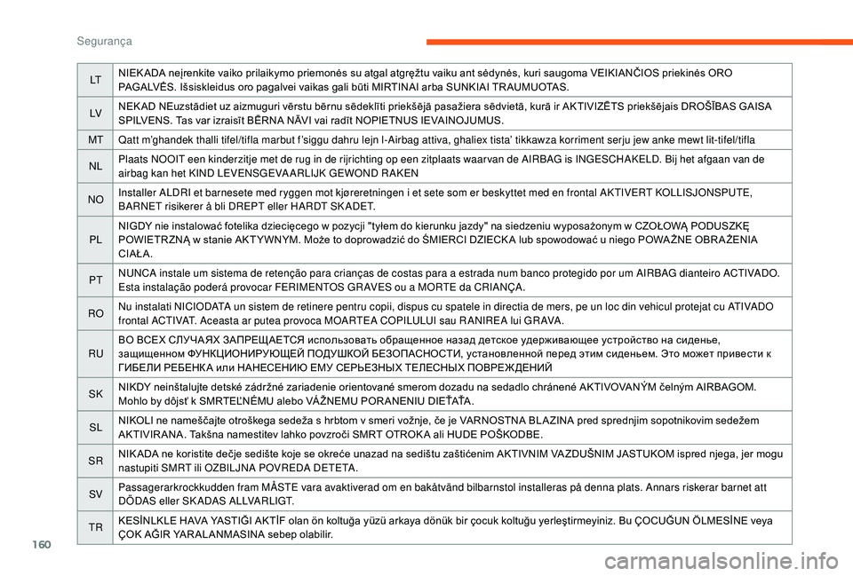 CITROEN JUMPER SPACETOURER 2018 Manual do condutor (in Portuguese) 160
LTNIEK ADA neįrenkite vaiko prilaikymo priemonės su atgal atgręžtu vaiku ant sėdynės, kuri saugoma VEIKIANČIOS priekinės ORO
PAGALVĖS. Išsiskleidus oro pagalvei vaikas gali būti MIRTIN CITROEN JUMPER SPACETOURER 2018 Manual do condutor (in Portuguese) 160
LTNIEK ADA neįrenkite vaiko prilaikymo priemonės su atgal atgręžtu vaiku ant sėdynės, kuri saugoma VEIKIANČIOS priekinės ORO
PAGALVĖS. Išsiskleidus oro pagalvei vaikas gali būti MIRTIN