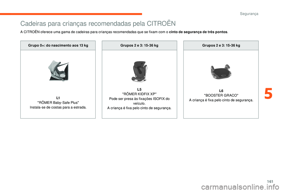 CITROEN JUMPER SPACETOURER 2018 Manual do condutor (in Portuguese) 161
Cadeiras para crianças recomendadas pela CITROËN
Grupos 2 e 3: 15-36 kg
L5
"
RÖMER KIDFIX XP"
Pode ser presa às fixações ISOFIX do veículo.
A criança é fixa pelo cinto de seguran CITROEN JUMPER SPACETOURER 2018 Manual do condutor (in Portuguese) 161
Cadeiras para crianças recomendadas pela CITROËN
Grupos 2 e 3: 15-36 kg
L5
"
RÖMER KIDFIX XP"
Pode ser presa às fixações ISOFIX do veículo.
A criança é fixa pelo cinto de seguran