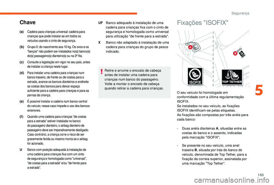CITROEN JUMPER SPACETOURER 2018 Manual do condutor (in Portuguese) 165
Retire e arrume o encosto de cabeça
antes de instalar uma cadeira para
crianças num banco do passageiro.
Volte a montar o encosto de cabeça
quando retirar a cadeira para crianças.
(a)
Cadei CITROEN JUMPER SPACETOURER 2018 Manual do condutor (in Portuguese) 165
Retire e arrume o encosto de cabeça
antes de instalar uma cadeira para
crianças num banco do passageiro.
Volte a montar o encosto de cabeça
quando retirar a cadeira para crianças.
(a)
Cadei