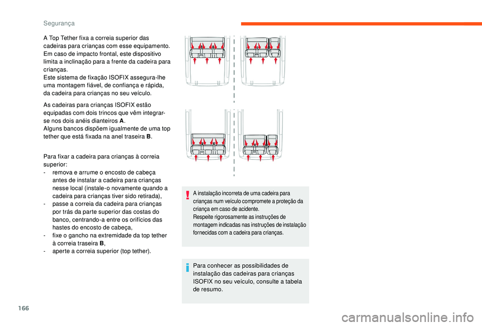 CITROEN JUMPER SPACETOURER 2018 Manual do condutor (in Portuguese) 166
A Top Tether fixa a correia superior das
cadeiras para crianças com esse equipamento.
Em caso de impacto frontal, este dispositivo
limita a inclinação para a frente da cadeira para
criança CITROEN JUMPER SPACETOURER 2018 Manual do condutor (in Portuguese) 166
A Top Tether fixa a correia superior das
cadeiras para crianças com esse equipamento.
Em caso de impacto frontal, este dispositivo
limita a inclinação para a frente da cadeira para
criança