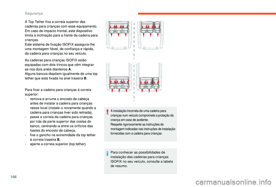 CITROEN JUMPER SPACETOURER 2018  Manual do condutor (in Portuguese) 166
A Top Tether fixa a correia superior das 
cadeiras para crianças com esse equipamento. 
Em caso de impacto frontal, este dispositivo 
limita a inclinação para a frente da cadeira para 
criança