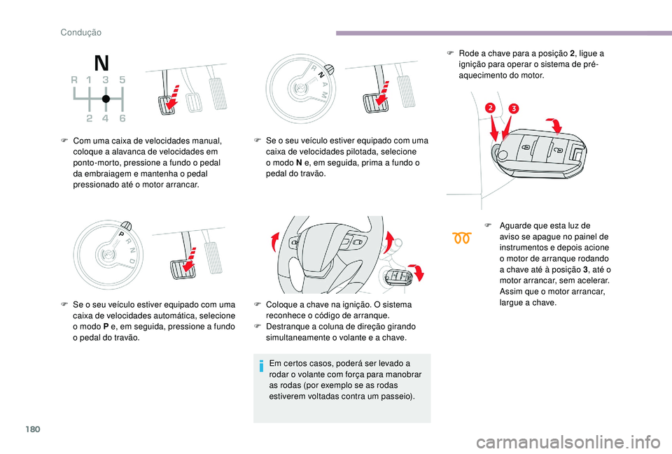 CITROEN JUMPER SPACETOURER 2018 Manual do condutor (in Portuguese) 180
F Com uma caixa de velocidades manual, coloque a alavanca de velocidades em
ponto-morto, pressione a fundo o pedal
da embraiagem e mantenha o pedal
pressionado até o motor arrancar.
F
S
e o CITROEN JUMPER SPACETOURER 2018 Manual do condutor (in Portuguese) 180
F Com uma caixa de velocidades manual, coloque a alavanca de velocidades em
ponto-morto, pressione a fundo o pedal
da embraiagem e mantenha o pedal
pressionado até o motor arrancar.
F
S
e o