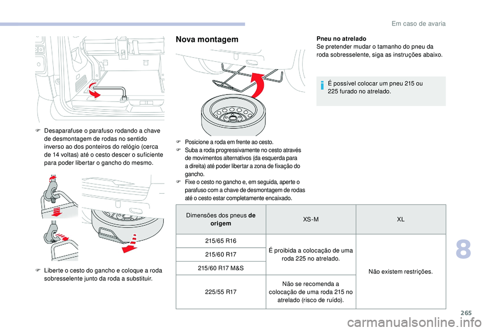 CITROEN JUMPER SPACETOURER 2018 Manual do condutor (in Portuguese) 265
F Desaparafuse o parafuso rodando a chave de desmontagem de rodas no sentido
inverso ao dos ponteiros do relógio (cerca
de 14
voltas) até o cesto descer o suficiente
para poder libertar o g CITROEN JUMPER SPACETOURER 2018 Manual do condutor (in Portuguese) 265
F Desaparafuse o parafuso rodando a chave de desmontagem de rodas no sentido
inverso ao dos ponteiros do relógio (cerca
de 14
voltas) até o cesto descer o suficiente
para poder libertar o g