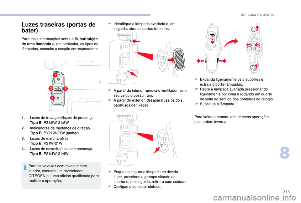 CITROEN JUMPER SPACETOURER 2018 Manual do condutor (in Portuguese) 275
1.Luzes de travagem/luzes de presença.
Tipo B , P21/5W-21/5W
2. Indicadores de mudança de direção.
Tipo B , PY21W-21W (âmbar)
3. Luzes de marcha-atrás.
Tipo B , P21W-21W
4. Luzes de nevoeiro CITROEN JUMPER SPACETOURER 2018 Manual do condutor (in Portuguese) 275
1.Luzes de travagem/luzes de presença.
Tipo B , P21/5W-21/5W
2. Indicadores de mudança de direção.
Tipo B , PY21W-21W (âmbar)
3. Luzes de marcha-atrás.
Tipo B , P21W-21W
4. Luzes de nevoeiro