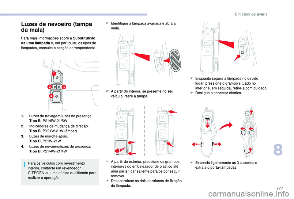 CITROEN JUMPER SPACETOURER 2018 Manual do condutor (in Portuguese) 277
1.Luzes de travagem/luzes de presença.
Tipo B , P21/5W-21/5W
2. Indicadores de mudança de direção.
Tipo B , PY21W-21W (âmbar)
3. Luzes de marcha-atrás.
Tipo B , P21W-21W
4. Luzes de nevoeiro CITROEN JUMPER SPACETOURER 2018 Manual do condutor (in Portuguese) 277
1.Luzes de travagem/luzes de presença.
Tipo B , P21/5W-21/5W
2. Indicadores de mudança de direção.
Tipo B , PY21W-21W (âmbar)
3. Luzes de marcha-atrás.
Tipo B , P21W-21W
4. Luzes de nevoeiro
