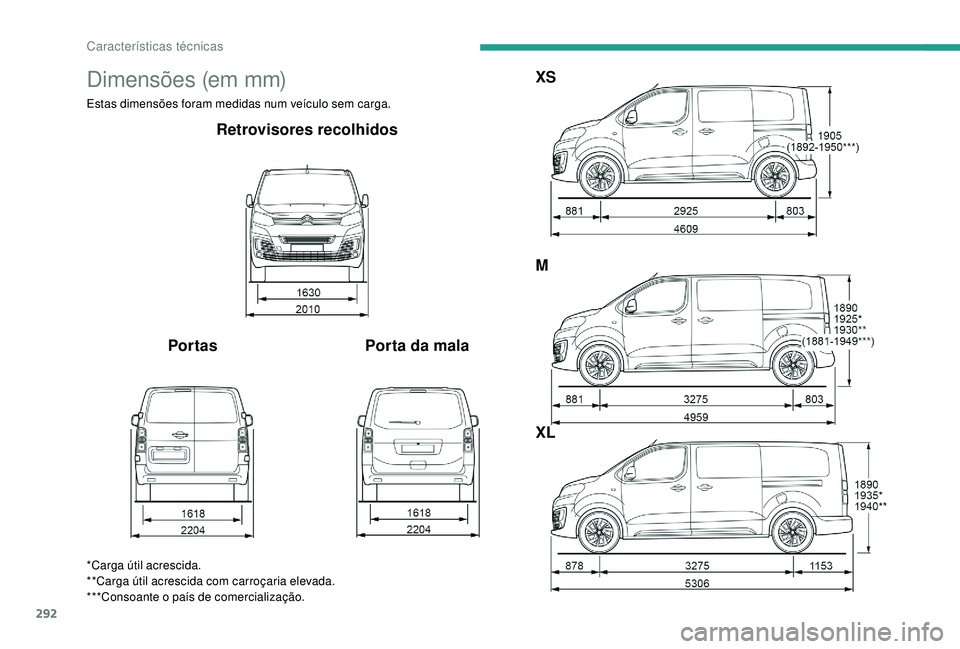 CITROEN JUMPER SPACETOURER 2018 Manual do condutor (in Portuguese) 292
Dimensões (em mm)
Estas dimensões foram medidas num veículo sem carga.
Retrovisores recolhidos
Por tas Porta da malaXS
M
XL
*Carga útil acrescida.
**Carga útil acrescida com carroçaria eleva CITROEN JUMPER SPACETOURER 2018 Manual do condutor (in Portuguese) 292
Dimensões (em mm)
Estas dimensões foram medidas num veículo sem carga.
Retrovisores recolhidos
Por tas Porta da malaXS
M
XL
*Carga útil acrescida.
**Carga útil acrescida com carroçaria eleva