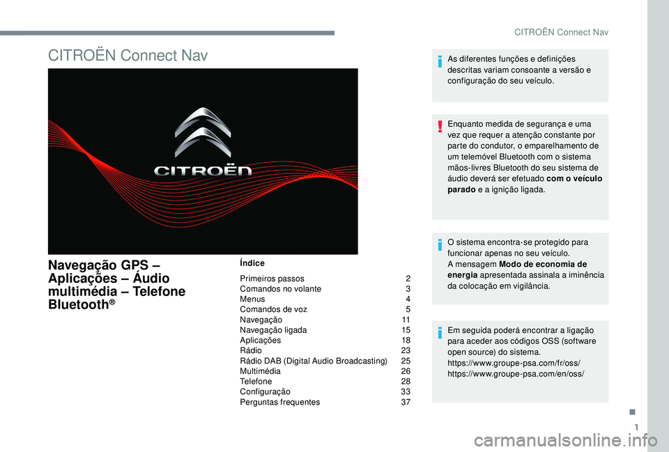 CITROEN JUMPER SPACETOURER 2018 Manual do condutor (in Portuguese) 1
CITROËN Connect Nav
Navegação GPS –
Aplicações – Áudio
multimédia – Telefone
Bluetooth
®
Índice
Primeiros passos
2
C
omandos no volante
3
M
enus
4
C
omandos de voz
5
CITROEN JUMPER SPACETOURER 2018 Manual do condutor (in Portuguese) 1
CITROËN Connect Nav
Navegação GPS –
Aplicações – Áudio
multimédia – Telefone
Bluetooth
®
Índice
Primeiros passos
2
C
omandos no volante
3
M
enus
4
C
omandos de voz
5