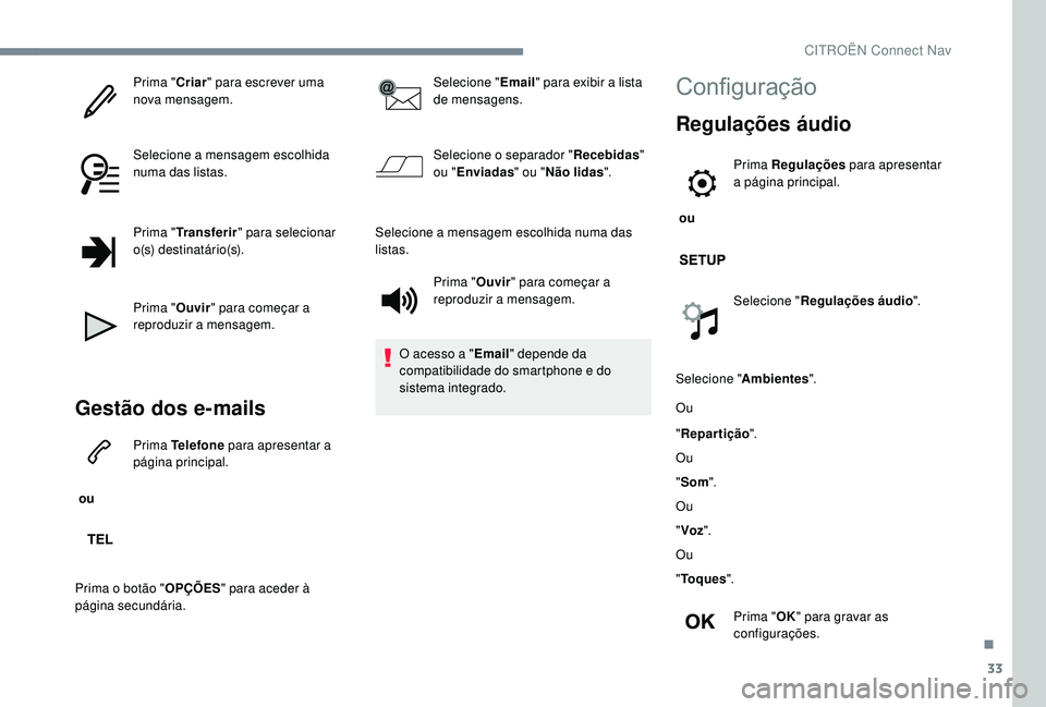 CITROEN JUMPER SPACETOURER 2018 Manual do condutor (in Portuguese) 33
Prima "Criar" para escrever uma
nova mensagem.
Selecione a mensagem escolhida
numa das listas.
Prima " Transferir " para selecionar
o(s) destinatário(s).
Prima " Ouvir" CITROEN JUMPER SPACETOURER 2018 Manual do condutor (in Portuguese) 33
Prima "Criar" para escrever uma
nova mensagem.
Selecione a mensagem escolhida
numa das listas.
Prima " Transferir " para selecionar
o(s) destinatário(s).
Prima " Ouvir"