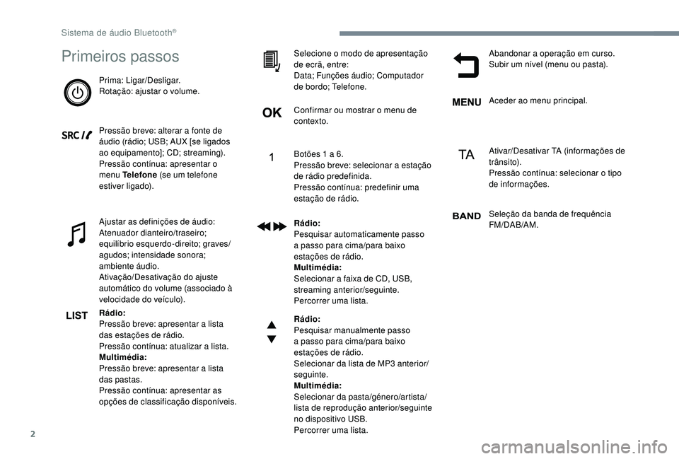 CITROEN JUMPER SPACETOURER 2018  Manual do condutor (in Portuguese) 2
Primeiros passos
Prima: Ligar/Desligar.
Rotação: ajustar o volume.
Pressão breve: alterar a fonte de 
áudio (rádio; USB; AUX [se ligados 
ao equipamento]; CD; streaming).
Pressão contínua: ap