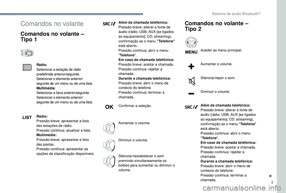 CITROEN JUMPER SPACETOURER 2018 Manual do condutor (in Portuguese) 3
Comandos no volante
Comandos no volante –
Tipo 1
Rádio:
Selecionar a estação de rádio
predefinida anterior/seguinte.
Selecionar o elemento anterior/
seguinte de um menu ou de uma lista.
Mult CITROEN JUMPER SPACETOURER 2018 Manual do condutor (in Portuguese) 3
Comandos no volante
Comandos no volante –
Tipo 1
Rádio:
Selecionar a estação de rádio
predefinida anterior/seguinte.
Selecionar o elemento anterior/
seguinte de um menu ou de uma lista.
Mult