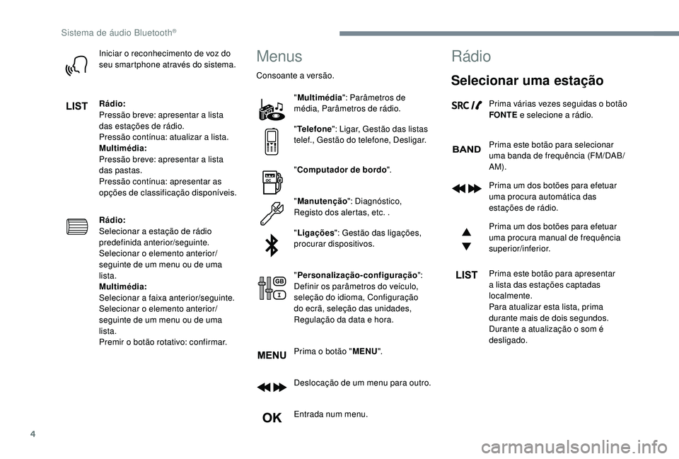 CITROEN JUMPER SPACETOURER 2018 Manual do condutor (in Portuguese) 4
Iniciar o reconhecimento de voz do
seu smartphone através do sistema.
Rádio:
Pressão breve: apresentar a lista
das estações de rádio.
Pressão contínua: atualizar a lista.
Multimédia:
Pres CITROEN JUMPER SPACETOURER 2018 Manual do condutor (in Portuguese) 4
Iniciar o reconhecimento de voz do
seu smartphone através do sistema.
Rádio:
Pressão breve: apresentar a lista
das estações de rádio.
Pressão contínua: atualizar a lista.
Multimédia:
Pres