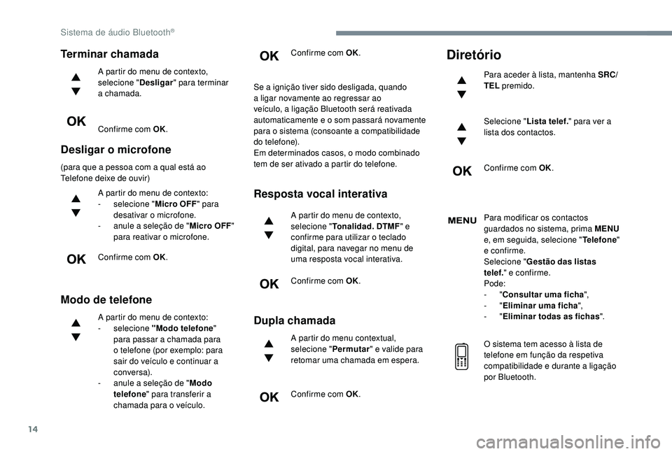 CITROEN JUMPER SPACETOURER 2018 Manual do condutor (in Portuguese) 14
Terminar chamada
A partir do menu de contexto,
selecione "Desligar" para terminar
a chamada.
Confirme com OK.
Desligar o microfone
(para que a pessoa com a qual está ao
Telefone deixe d CITROEN JUMPER SPACETOURER 2018 Manual do condutor (in Portuguese) 14
Terminar chamada
A partir do menu de contexto,
selecione "Desligar" para terminar
a chamada.
Confirme com OK.
Desligar o microfone
(para que a pessoa com a qual está ao
Telefone deixe d