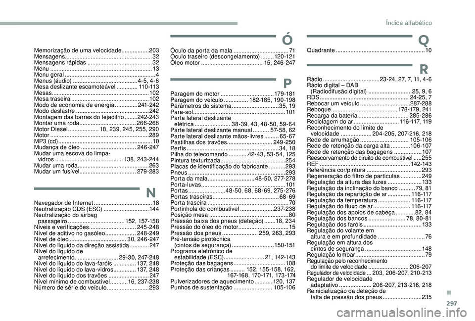 CITROEN JUMPER SPACETOURER 2018  Manual do condutor (in Portuguese) 297
NNavegador de Internet ....................................18
Neutralização CDS (ESC)   ............................14 4
Neutralização do airbag  passageiro
 

................................