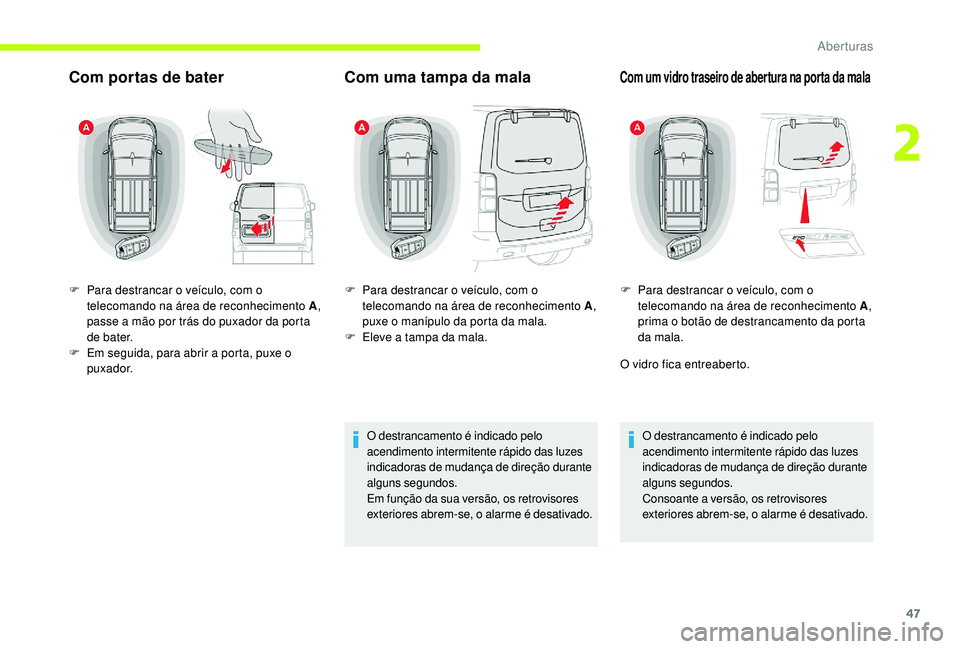 CITROEN JUMPER SPACETOURER 2018 Manual do condutor (in Portuguese) 47
Com portas de baterCom uma tampa da mala
O destrancamento é indicado pelo
acendimento intermitente rápido das luzes
indicadoras de mudança de direção durante
alguns segundos.
Em função da CITROEN JUMPER SPACETOURER 2018 Manual do condutor (in Portuguese) 47
Com portas de baterCom uma tampa da mala
O destrancamento é indicado pelo
acendimento intermitente rápido das luzes
indicadoras de mudança de direção durante
alguns segundos.
Em função da