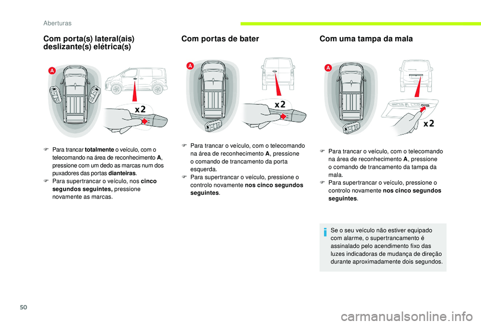 CITROEN JUMPER SPACETOURER 2018 Manual do condutor (in Portuguese) 50
Com porta(s) lateral(ais)
deslizante(s) elétrica(s)
F Para trancar totalmente o veículo, com o
telecomando na área de reconhecimento A,
pressione com um dedo as marcas num dos
puxadores das CITROEN JUMPER SPACETOURER 2018 Manual do condutor (in Portuguese) 50
Com porta(s) lateral(ais)
deslizante(s) elétrica(s)
F Para trancar totalmente o veículo, com o
telecomando na área de reconhecimento A,
pressione com um dedo as marcas num dos
puxadores das